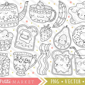 Colazione carina Clipart, francobolli digitali, Hand Drawn, colazione cibo clipart, illustrazioni Kawaii, pancetta pane tostato ciambella uovo colazione disegni
