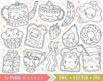 Cute Breakfast Clipart, Digital Stamps, Hand Drawn, Breakfast Food Clip Art, Kawaii Illustrations, Bacon Toast Donut Egg Breakfast Designs