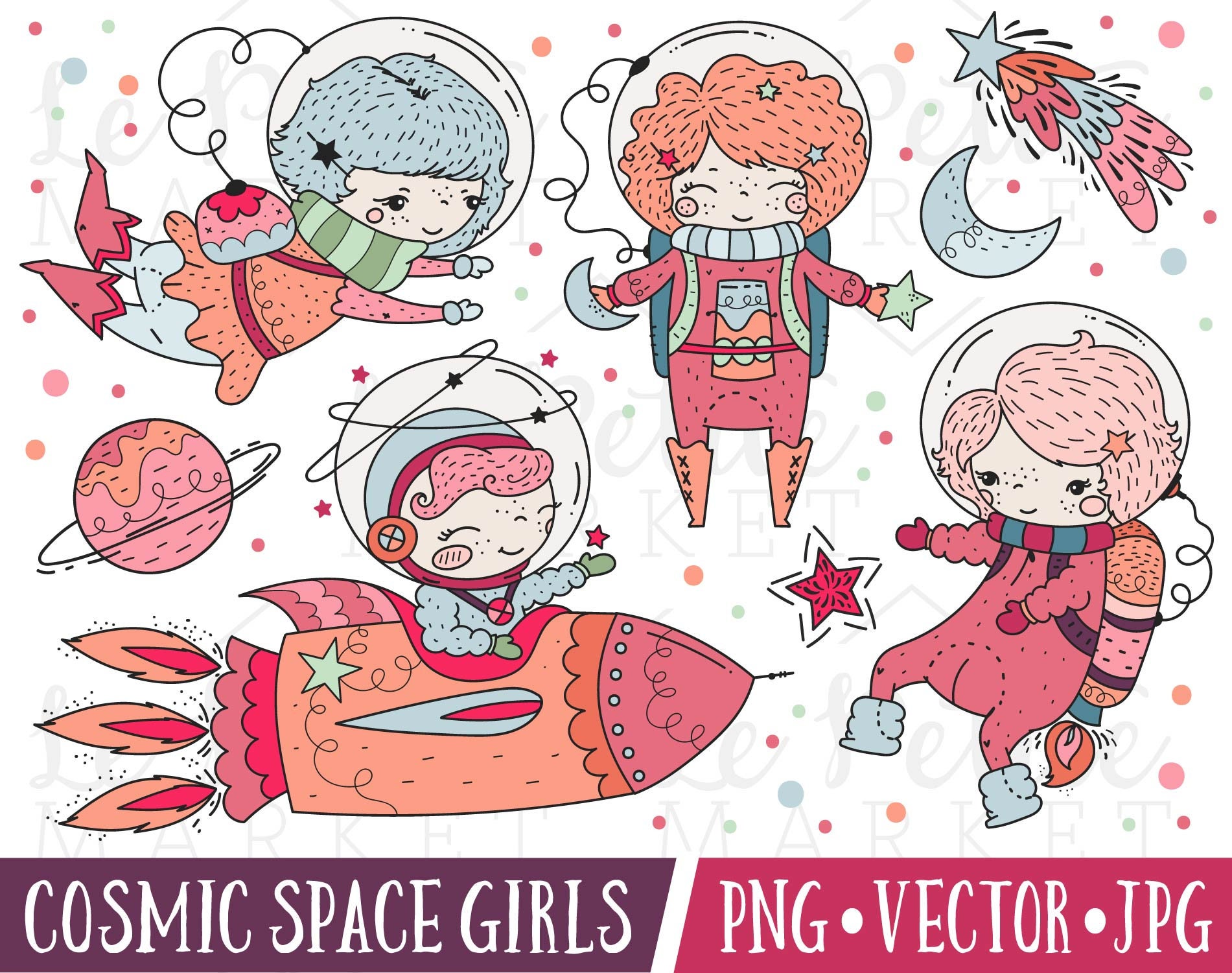 Space Girl Clipart, Girl Astronauts Clip Art, Space Travel, Scifi Girls Design, Cosmonaut Clipart, Astronaut Designs, Pink Astronauts