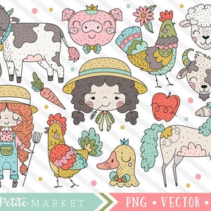 Ferme fille Clipart ensemble, mignon agriculture clipart animaux, ferme Clipart, ferme des animaux, vache mignon cochon coq cheval, animaux Portraits Illustration