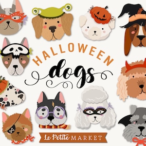Może przedstawiać: Zestaw 12 ilustracji psów w tematyce Halloween. Psy są ubrane w różne kostiumy, w tym kapelusz czarownicy, dynię, opaskę na oko pirata i kostium diabła. Tekst "HALLOWEEN dogs" jest napisany ozdobnym fontem.