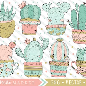 Cactus Clipart Set, lindo Cactus Clip Art Ilustraciones, Uso Comercial, Diseños de Cactus ImprimibleS Digitales, Cactus Gráficos, Kawaii Cactus