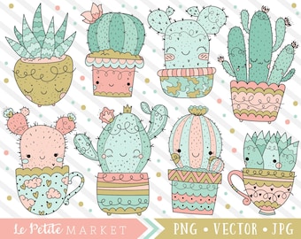 Insieme di Clipart di cactus, Cactus carina clipart vettoriali, uso commerciale, digitale stampabile Cactus disegni, grafica di Cactus, Cactus di Kawaii