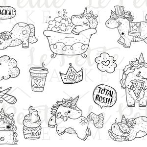 Puede incluir: Ilustraciones en blanco y negro de unicornios en varias poses, incluyendo un unicornio tomando un ba&ntilde;o, un unicornio con una corona, un unicornio sosteniendo una rebanada de pizza y un unicornio con un sombrero. Las ilustraciones tambi&eacute;n incluyen una nube, una taza de caf&eacute;, una magdalena y un globo de di&aacute;logo que dice "Total Boss!"