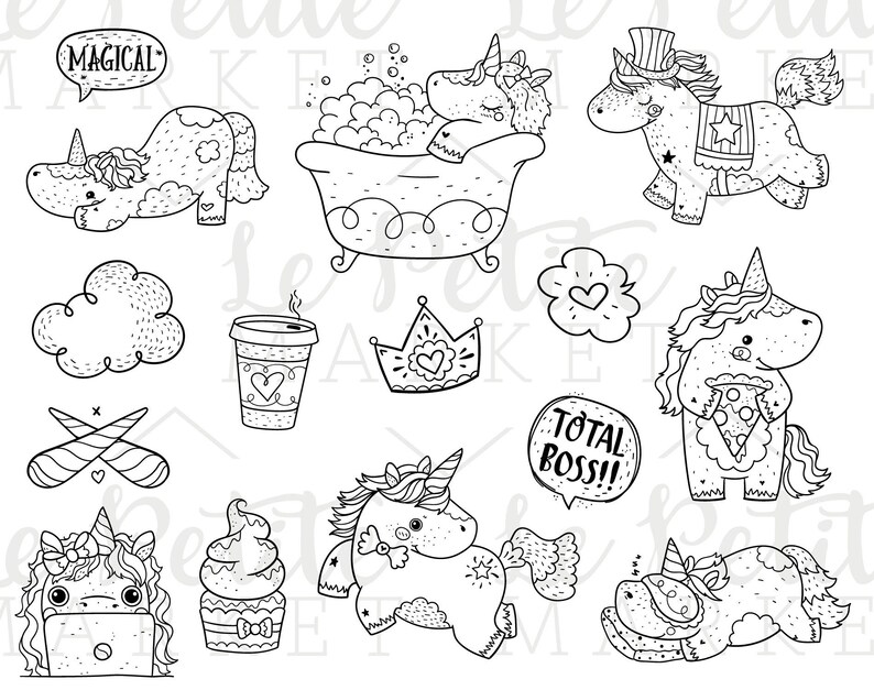 Puede incluir: Ilustraciones en blanco y negro de unicornios en varias poses, incluyendo un unicornio tomando un ba&ntilde;o, un unicornio con una corona, un unicornio sosteniendo una rebanada de pizza y un unicornio con un sombrero. Las ilustraciones tambi&eacute;n incluyen una nube, una taza de caf&eacute;, una magdalena y un globo de di&aacute;logo que dice "Total Boss!"