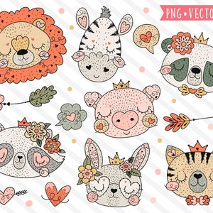 Heart Faced Friends Clipart, Cute Valentine Animals Clipart, Valentine Clip Art, Sweet Animal Faces Clipart, Animal Portrait Clipart Images