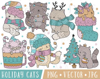 Des Images Clipart Noël chat, chat Clipart de vacances, Noël chat timbres numériques, dessiné à la main chat Clipart, Clipart dessinés à la main, ligne PNG