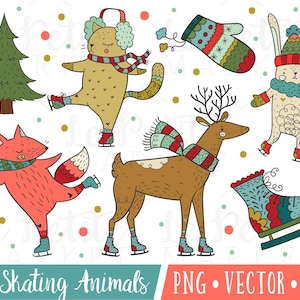 Urlaub-Eislaufen-Clipart-Bilder, Tiere Eis als Clip Art Set, winterliche Waldtieren, niedliche Winter Sport Tiere, Eislaufen PNG