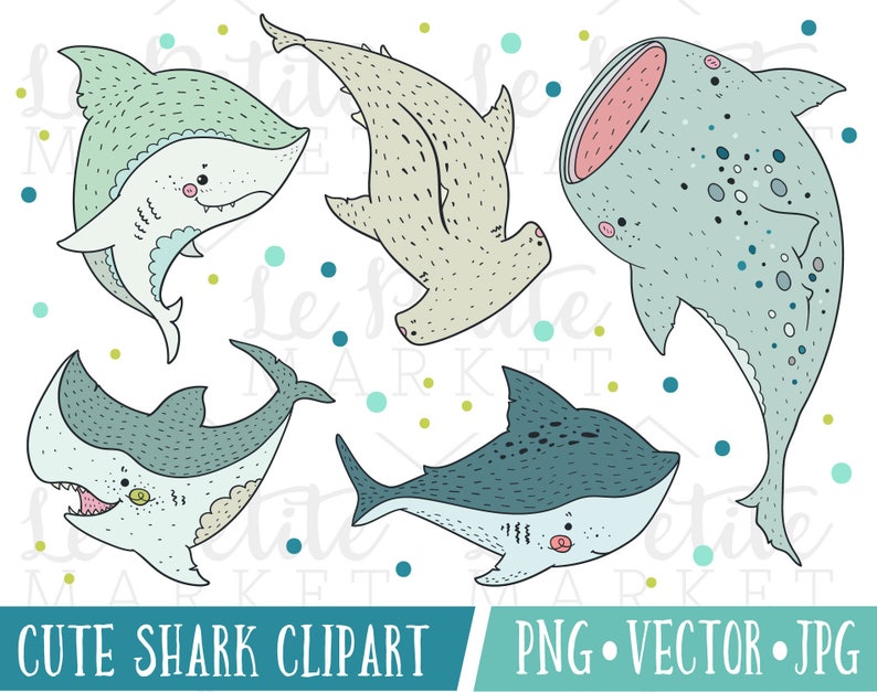 May include: A set of five cute cartoon shark illustrations in various poses. The sharks are blue, green, and gray with white accents. The illustrations are perfect for use in children's books, crafts, or digital projects.