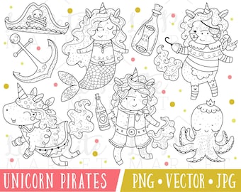 Pirate Unicorn Clipart Digital Stamps, Kawaii Unicorn Pirates, Valentine Unicorn Pirate Clipart, Cute Pirate Clip Art, Cute Unicorn Clipart