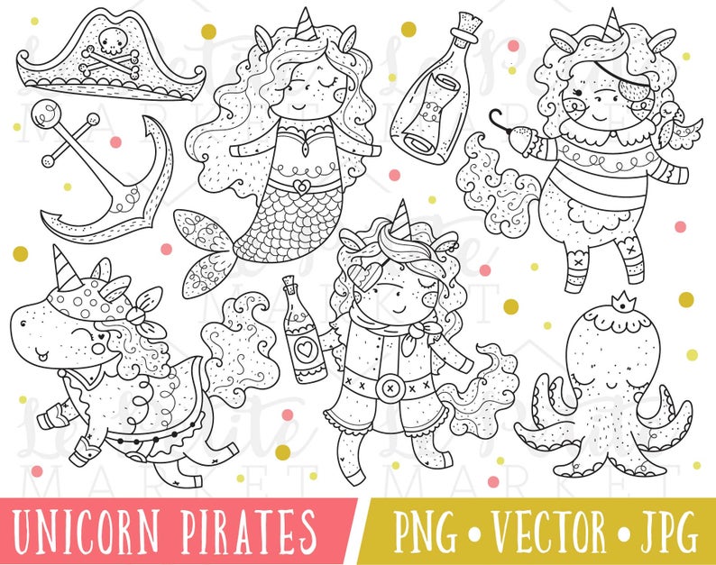 Pirate Unicorn Clipart Digital Stamps, Kawaii Unicorn Pirates, Valentine Unicorn Pirate Clipart, Cute Pirate Clip Art, Cute Unicorn Clipart image 1