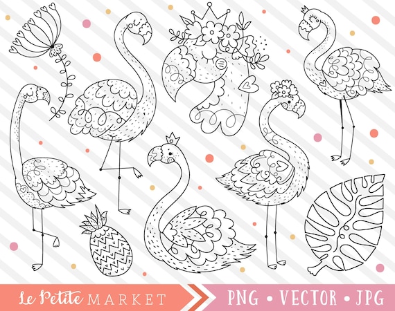 Cute Flamingo Clipart Set, Flamingo Illustrations Clip Art Images, Flamingo Digital Stamp Designs, Hand Drawn Clipart, Tropical Bird Clipart