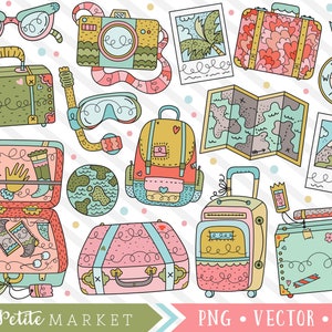 Lindo viaje Clipart Set, Kawaii Travel Graphics, lindo Vacation Clipart, Roadtrip Clip Art, Maleta Snorkel Mapa Cámara Equipaje Clipart
