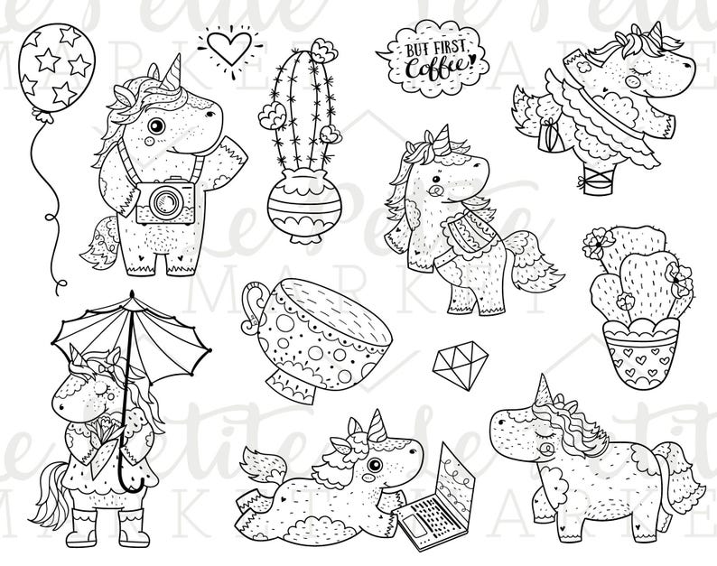 Puede incluir: Ilustraciones en blanco y negro de unicornios en varias poses. Algunos unicornios sostienen objetos como una c&aacute;mara, un paraguas y una computadora port&aacute;til. Tambi&eacute;n hay ilustraciones de cactus y una taza de t&eacute;.