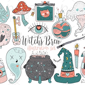 May include: A set of 12 witchy illustrations featuring a cauldron, a ghost, a wand, a potion bottle, a key, a skull, an eye, a mushroom, a cat in a jar, a ghost, a candle, and a witch's hat. The illustrations are in a whimsical style with a pink, blue, and green color palette.
