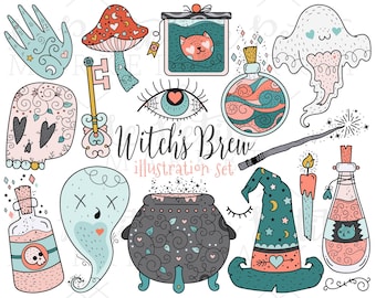 Cute Witch Clipart PNG Illustrations, Witch's Brew Clip Art, Potions Ghosts Skull Cauldron Halloween Clipart Images, Magic Wizard Coven PNG