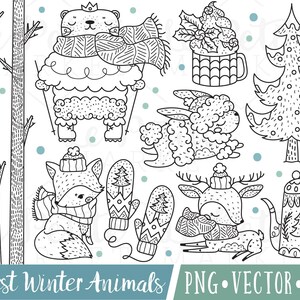 Winter Forest Holiday Clipart Timbres numériques, Cute Winter Timbres numériques, Woodland Winter Clip Art, Woodland Animals Holiday Clipart Images