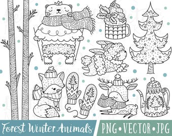 Winter Forest Holiday Clipart Digital Stamps, Cute Winter Digital Stamps, Woodland Winter Clip Art, Woodland Animals Holiday Clipart Images