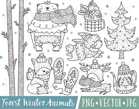 Winter Forest Holiday Clipart Digital Stamps Cute Winter Etsy