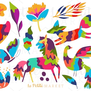 Puede incluir: Un conjunto de ilustraciones coloridas y caprichosas que representan una mariposa, un zorro, un p&aacute;jaro, un caballo y flores. Las ilustraciones est&aacute;n en un estilo de arte popular con colores brillantes y l&iacute;neas audaces. El texto "Le Petite Market" est&aacute; incluido en la imagen.