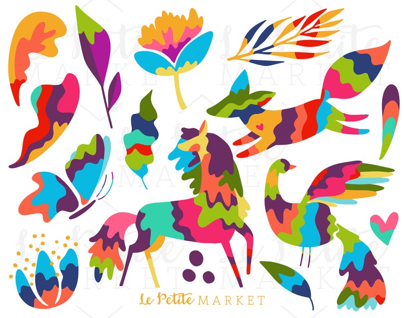 Puede incluir: Un conjunto de ilustraciones coloridas y caprichosas que representan una mariposa, un zorro, un p&aacute;jaro, un caballo y flores. Las ilustraciones est&aacute;n en un estilo de arte popular con colores brillantes y l&iacute;neas audaces. El texto "Le Petite Market" est&aacute; incluido en la imagen.
