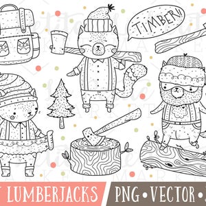 Lumberjack Cat Clipart, Cat Lumberjacks Clipart, Woodland Cats Clip Art, Cat Digital Stamps, Outdoors Clipart, Cute Animal Digital Stamps