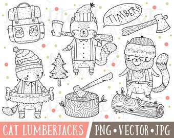 Lumberjack Cat Clipart, Cat Lumberjacks Clipart, Woodland Cats Clip Art, Cat Digital Stamps, Outdoors Clipart, Cute Animal Digital Stamps