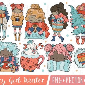 Cute Cozy Girl Clipart, Dark Skinned Girl Clipart, Winter Girl Clipart Images, Holiday Girl Clipart, Christmas Girl Clipart Set image 2