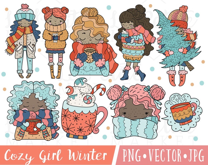 Cute Cozy Girl Clipart, Dark Skinned Girl Clipart, Winter Girl Clipart Images, Holiday Girl Clipart, Christmas Girl Clipart Set image 2