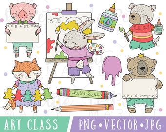 Cute Art Class Animals, Cute School Animals, Kindergarten Clipart, School Clip Art Images, Vector Clipart, Commercial Use Clipart, Art PNG