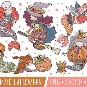 Mermaid Halloween Clipart Set, Cute Halloween Mermaids Clip Art, Mermaid Witch Pumpkin, Fall Mermaids, Mermaids in Costumes Clipart PNG
