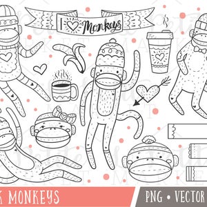 Sock Monkey Clip Art Images, Sock Monkey Clipart, Monkey Illustrations, Sock Monkey Digital Stamps, Commercial Use Clip Art