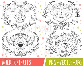 Safari Animal Clipart Illustrations, Rhinoceros Clipart, Water Buffalo Clipart, Panda Clipart, Lion Clipart, Safari Digital Stamp Set