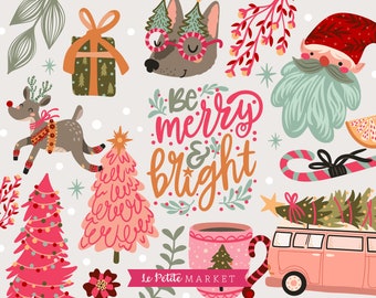 Retro Christmas PNG Clipart, Pink Santa Claus png, Merry and Bright, Christmas Dog, Reindeer png, Pink Christmas Tree, Merry Christmas Png