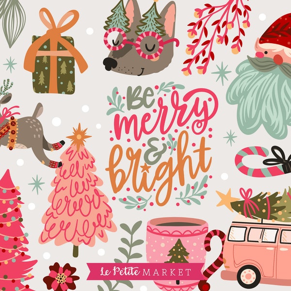 Retro Weihnachten PNG Clipart, Rosa Weihnachtsmann png, Merry and Bright, Weihnachten Hund, Rentier png, Rosa Weihnachtsbaum, Frohe Weihnachten Png