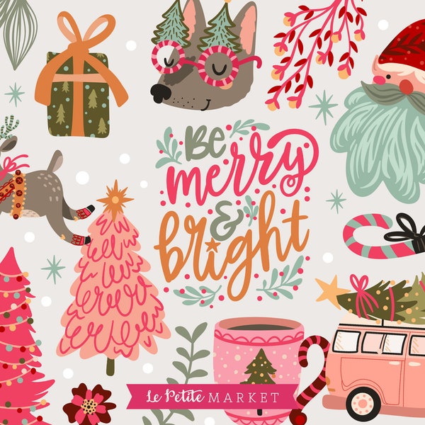 Retro Christmas PNG Clipart, Pink Santa Claus png, Merry and Bright, Christmas Dog, Reindeer png, Pink Christmas Tree, Merry Christmas Png