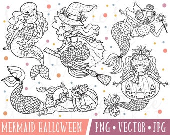 Mermaid Halloween Clipart Set, Cute Halloween Mermaids Clip Art, Mermaid Digital Stamps, Fall Mermaids, Mermaids in Costumes Clipart PNG
