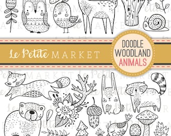 Doodle Woodland Animal Clipart Set, Woodland Creatures Clip Art, Hand Drawn Forest Animals Clip Art Illustration Set