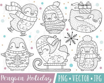 Cute Penguin Digital Stamps, Christmas Penguins Clipart Images, Cute Holiday Penguin Clip Art, Christmas Clipart for Commercial Use, Vector