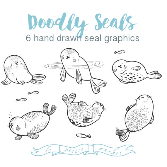 Doodly Hand Drawn Seal Clipart, Line Art Vector Seals (Digital Download)