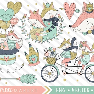 Cute Fox Clipart Images, Romantic Couple Clip Art, Sweet Clipart Foxes Illustration, Wedding Couple Art, Cute Bicycle Woodland Designs PNG