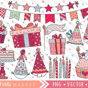 Cute Party Clipart Set, Cute Birthday Party Clip Art, Birthday Party Illustrations, Party Hats, Pink Birthday Party, Cake Cupcake Gifts