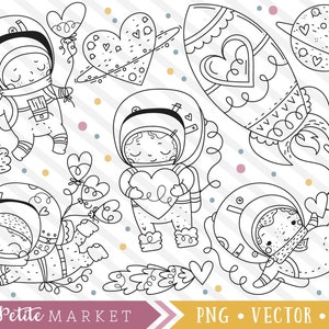 Kosmische Romantik Clipart-Set, süße Astronauten ClipArt, Raum Liebe Rakete Herzen Planeten Grafiken, Kawaii Astronaut Clip Art digitale Briefmarken