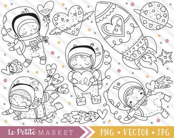 Cosmic Romance Clipart Set, Cute Astronauts Clip Art, Space Love, Rocket Hearts Planets Graphics, Kawaii Astronaut Clip Art Digital Stamps