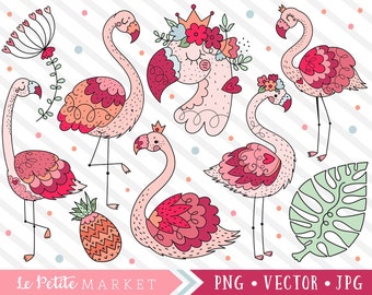 Flamingo Clipart Set, Flamingo Illustrations Clip Art, Tropical Flamingo Designs, Commercial Use Clipart, Flamingo Clip Art Graphics PNG