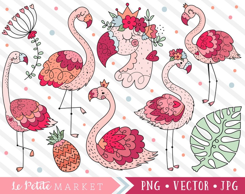 May include: A collection of whimsical flamingo illustrations in pink, coral, and red. The designs include flamingos with crowns, floral accents, and heart details. A pineapple and a large green leaf are also featured.