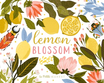 Lemon Blossom Clipart Illustration Set, Jeweled Beetles Clip Art, Lemon Clipart, Floral Yellow Pink Flowers, Summer Clipart, Lemonade Party