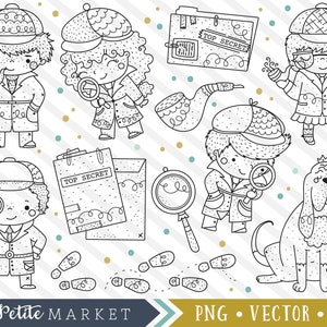 Detective Clipart Set, Exploration Clipart, Mystery Clip Art, Cute Detective Kids, Digital Stamps, Blood Hound, Top Secret, Crime Clipart