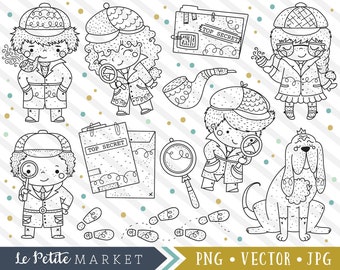 Detective Clipart Set, Exploration Clipart, Mystery Clip Art, Cute Detective Kids, Digital Stamps, Blood Hound, Top Secret, Crime Clipart