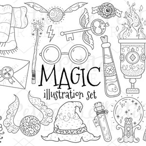 K&ouml;nnte beinhalten: Schwarz-wei&szlig;es Line-Art-Illustrationsset mit magischen Objekten, darunter ein Zauberstab, eine Zaubertrankflasche, ein Schl&uuml;ssel, ein Hut, ein Besen, ein Schal, ein Brief, ein Schnatz, ein Kessel und ein Spiegel. Der Text "MAGIC illustration set" ist im Bild enthalten.